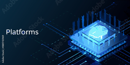 a blue microchip with glowing lines and circuits on a dark background