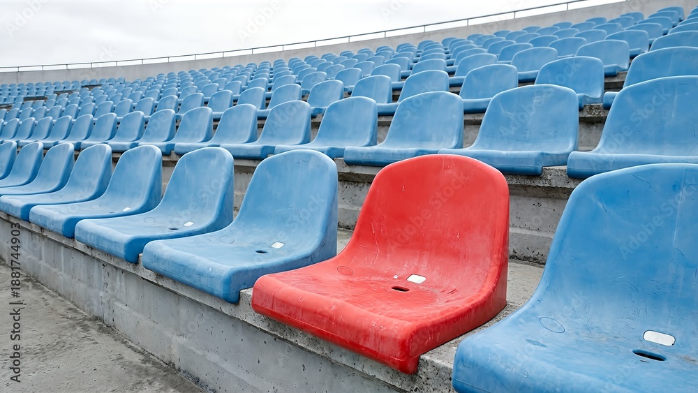Fototapeta premium Empty Stadium Seats With One Red Seat Standing Out 2.