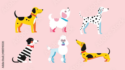 A charming illustration depicts six different breeds of dogs in a playful colorful and simplistic flat design style