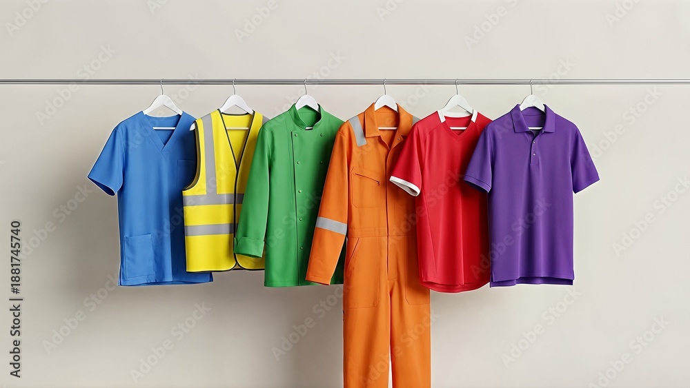 Fototapeta premium Collection of Workwear Garments Hanging on a Rack.