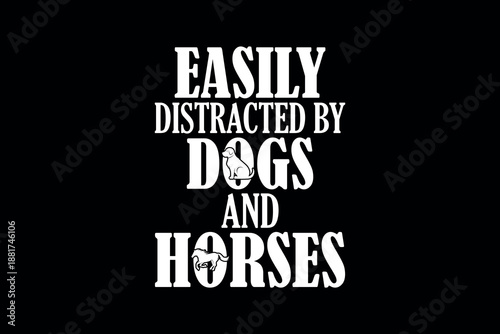Easily distracted by dogs and horses - Playful illustration of a young girl distracted by a horse and dog bright colors expressive cartoon style whimsical scene
