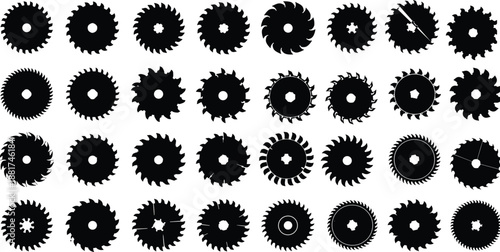 Black circular saw blade silhouette collection on white background, industrial wood cutting tool vector illustration set, carpentry equipment icons for hardware workshop design,