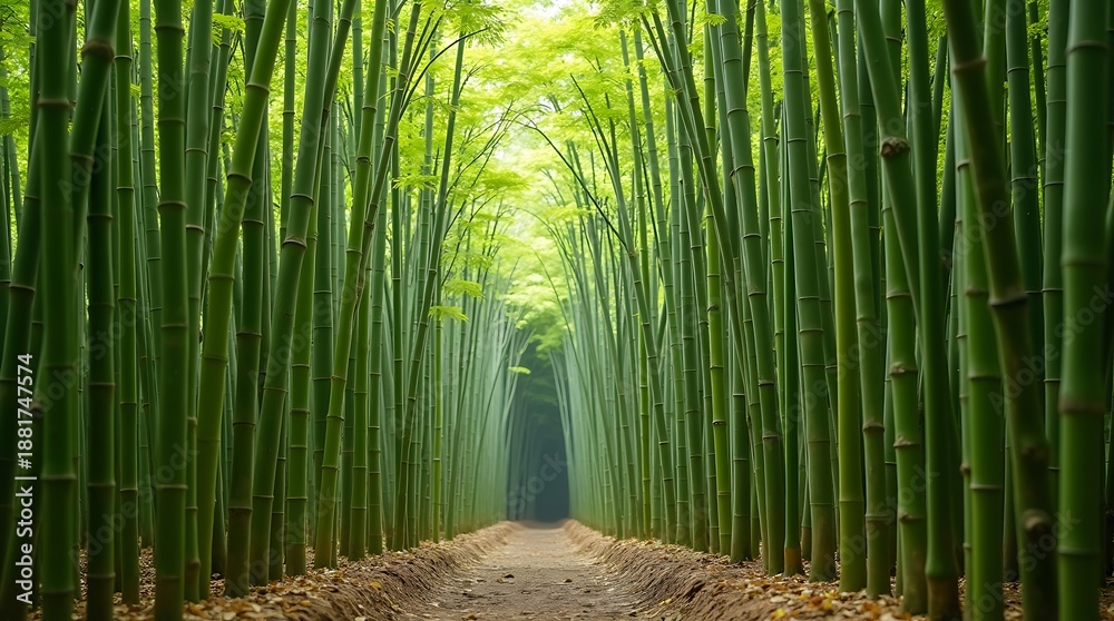 Fototapeta premium A serene bamboo forest with a winding dirt path and sunlight filtering through