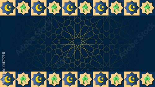 Elegant Islamic patterned background with crescent moons and mosque motifs, perfect for festive greetings and cultural events