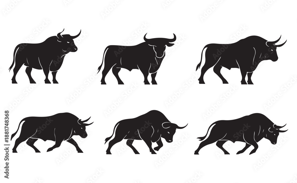 Fototapeta premium Bull and Cow Silhouette Set
