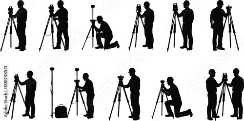Professional land surveyor silhouette set, using tripod equipment, total station and GPS tools, surveying engineering workflow, construction mapping technology, isolated vector illustration