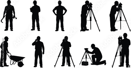 Professional photographer silhouettes with camera tripod equipment, videographer poses isolated on white background, creative media production people icons set collection studio filming 