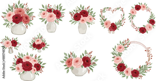 Watercolor floral arrangements and wreaths in pink and red hues for wedding or valentine s day