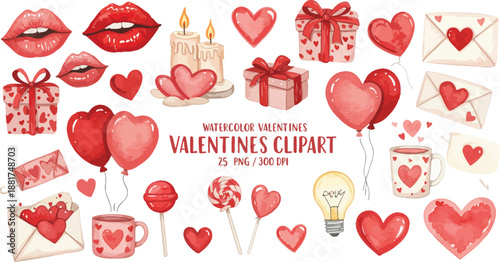 Valentines day clip art collection with hearts and love symbols