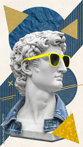 : Modern surreal digital collage art featuring abstract female silhouette with celestial stars and vintage floral elements