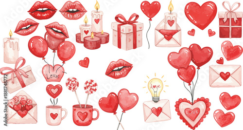Valentine s day icons and symbols in red and pink hues on white background