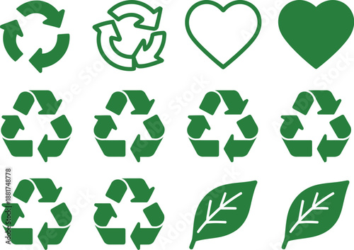 Heart-shaped recycling symbols and standard green cycle arrow set for love, nature, and an eco-friendly concept
