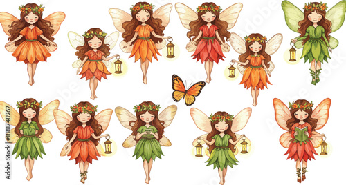 Group of colorful fairies in various dresses with butterfly
