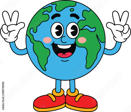 Cute cartoon Earth character with wide, happy smile larg,e round eyes, and rosy cheeks illustration