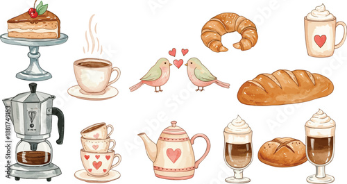 Assorted baked goods and coffee drinks on a white background