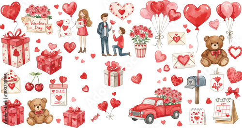 Valentine s day themed illustrations with hearts gifts and teddy bears on white background