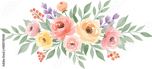 Beautiful watercolor floral arrangement with pink yellow and purple flowers on white background