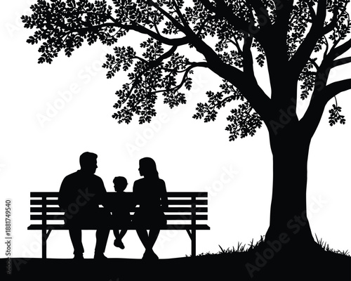 A family of three sitting close together on a horizontal wooden bench with slats outdoors