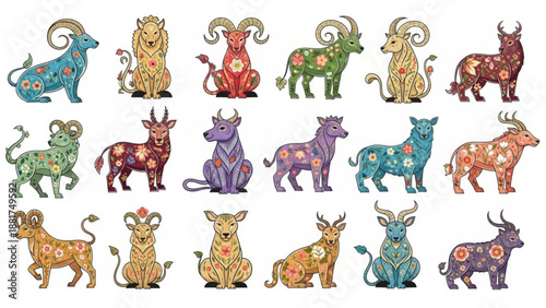 Collection of zodiac animal illustrations decorated with floral patterns perfect for astrology and horoscope designs isolated on white
