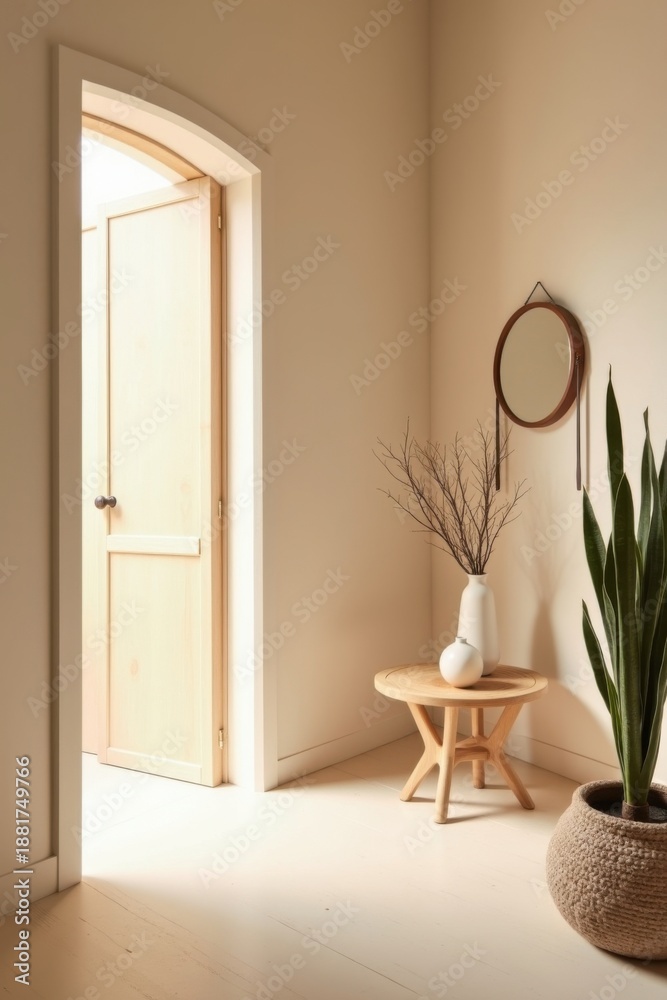 Fototapeta premium Escena de entrada minimalista con decoración neutra y tonos beige