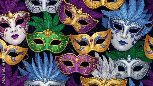Collection of ornate Venetian masquerade masks in purple gold and blue decorated with feathers and jewels perfect for carnival or Mardi Gras cel