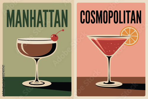Two Classic Cocktail Illustrations Manhattan and Cosmopolitan Drinks