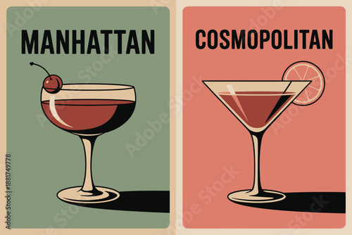 Manhattan and Cosmopolitan Cocktails Vintage Poster Art