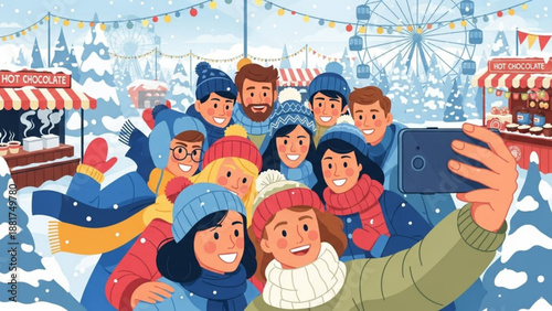 Happy diverse group taking a selfie at a snowy winter festival with Ferris wheel and hot chocolate stalls festive illustration for holiday seaso