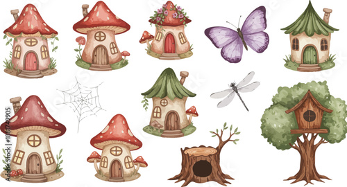 Whimsical illustration of fairy tale mushroom houses and forest creatures on white background