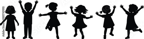 Joyful children silhouette poses showing playful movement, energy, and happiness in dynamic stances for youth activity, fun, and lifestyle visuals