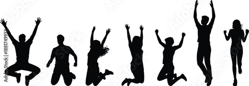 Jumping silhouette figures expressing excitement, celebration, freedom, and dynamic motion in energetic poses for joy, teamwork, and achievement visuals