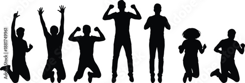 Jumping silhouette figures expressing joy, freedom, celebration, and energetic movement in dynamic poses for teamwork, happiness, and achievement themes
