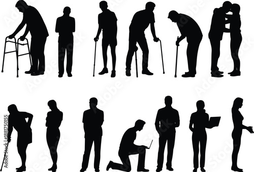 Silhouette illustrations of diverse human poses with mobility aids, gestures, and devices representing accessibility, posture, and emotional interaction