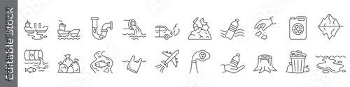 Air emissions, water pollution and ocean waste icon set – editable outline symbols of oil spill, plastic, garbage, pipe, bottle, plastic trash and toxic waste