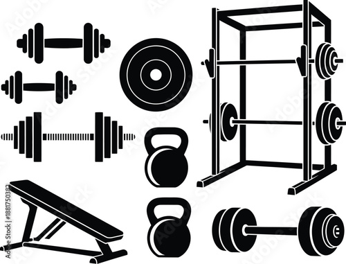 Fitness Equipment Icons Dumbbells, Kettlebells, Bench, and Rack