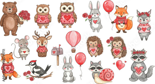 Whimsical forest animals wearing red valentine s day outfits and holding hearts and balloons