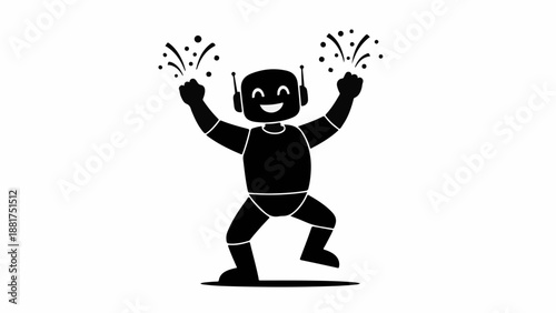 Happy robot celebrating with fireworks, conveying joy and achievement.