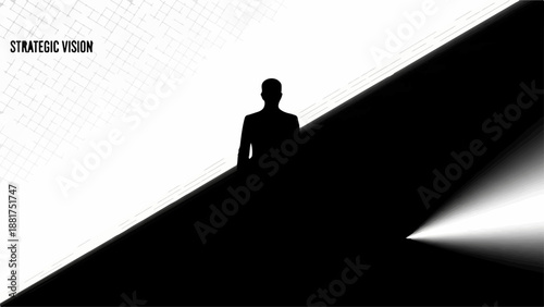 Silhouette of a person in a suit standing against a stark contrast of light and shadow, representing strategic vision.