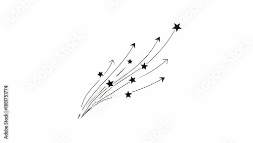 Abstract collection of stars and arrows soaring upwards on a clean white background, symbolizing growth and achievement