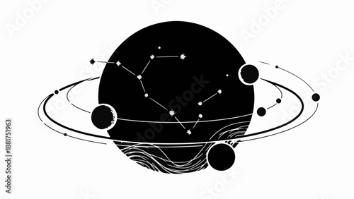 Mysterious dark planet adorned with constellation lines and orbiting celestial bodies