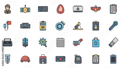 Medical icons set featuring a flat vector design collection for business and web infographic technology services including mobile phone, laptop, and cloud computing symbols for website interface