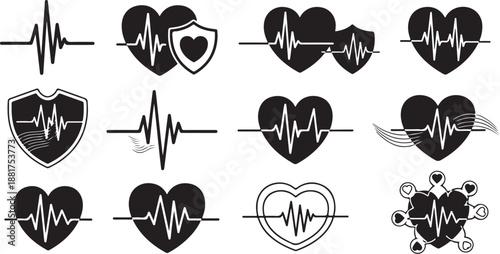 Medical Heartbeat Symbols and Health Icons in Black White