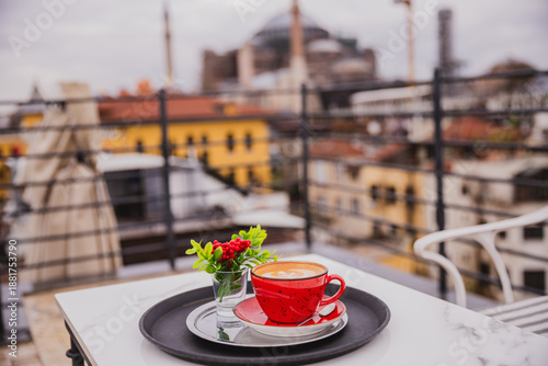 Cup of coffee with foam in the Hagia Sophia (Ayasofya) background, Fatih