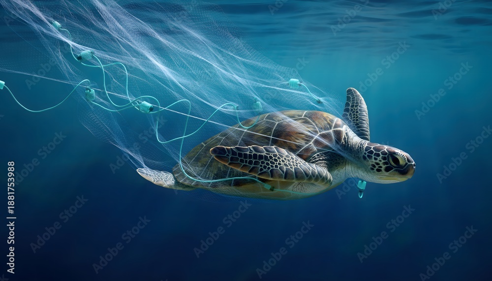 Obraz premium Majestic sea turtle struggles, entangled in ghostly illuminated plastic pollution beneath the ocean's surface