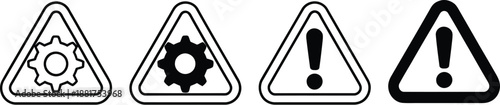 Set of four black and white warning signs, including gear and exclamation point symbols, representing danger and caution