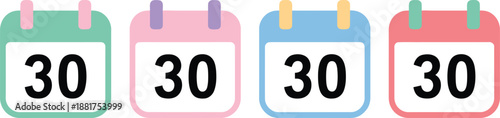 A vibrant collection of four stylized calendar icons, each marking the 30th day with a different pastel colored border and tab, perfect for digital design projects and organizational tools