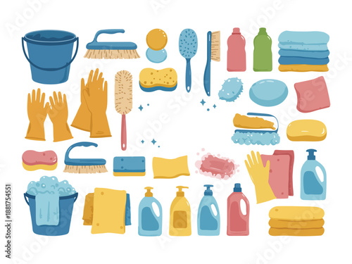 Colorful Cleaning Supplies Collection for Home Use Illustration