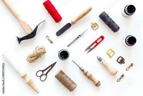 Tableau sur toile Leather craft work tools flat lay