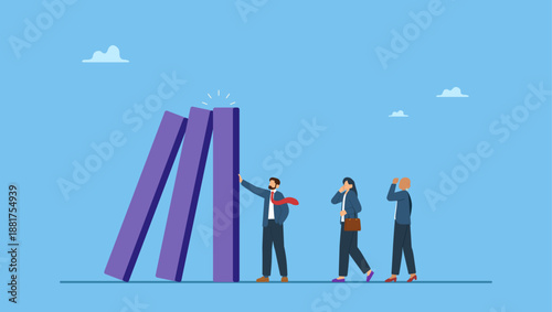 Reliable businessman leader protect domino from collapse on colleagues. Reliability, trustworthy or skillful leadership protect or solve problem, trust or work responsible, supported partner.