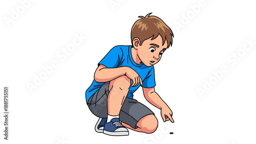 Curious young boy observing small insect on ground.